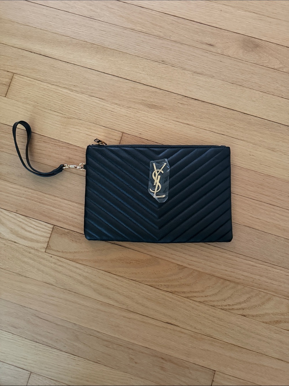 Saint Laurent Black Chevron Quilted Leather Wristlet with Gold YSL Emblem